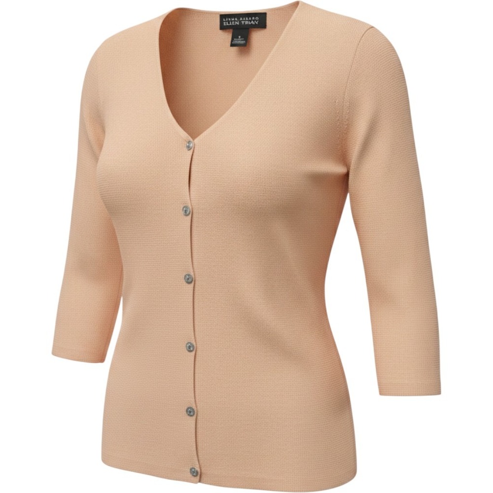 Linda Allard Ellen Tracy Peach 100% Silk V-Neck 3/4 Sleeve Cardigan Sweater S‎